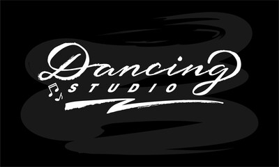 Vector illustration of dancing studio lettering with two notes for logo, advertisement, business card, signage, poster, product design. Handwritten creative text for web or print
