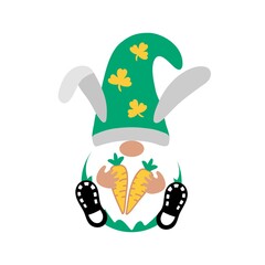 Easter gnome with carrots for ester bunny on white background. Scandinavian Nordic Gnome with bunny ears. Cute gnomes collection. Sitting for Easter greeting card, t shirt print.