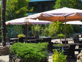 South street cafe with white tables and black rattan chairs under umbrellas surrounded by green plants on a clear sunny day