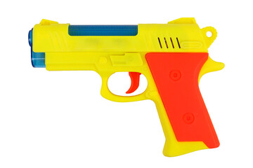 A yellow toy gun. On a white background, isolated.