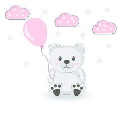 Cute bear with balloons in hand drawn vector illustration. Can be used to print t-shirts