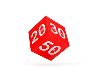 Red dice with 20 and 30 and 50 percentage discounts. 3d illustration