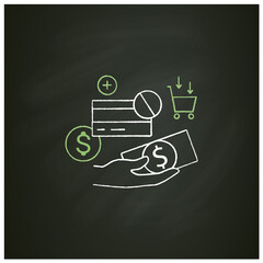 Use cash chalk icon. Pay purchases in cash. Hand holds money. Dont use credit card.Mindful spending concept. Isolated vector illustration on chalkboard