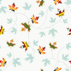 Fototapeta na wymiar Autumn leaves seamless pattern. Vector background with colorful maple leaf silhouettes. Stylish abstract texture. Hand drawn art. Repeat design for tileable print, decor, fabric, wallpapers, scrapbook