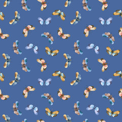 seamless pattern with watercolor illustrations of a butterfly on a blue background, hand painted