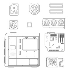 Icons of computer components. Computer supplies. CPU, GPU, motherboard, system block, RAM memory, coolers, hard drive. Colorful flat designed vector illustration