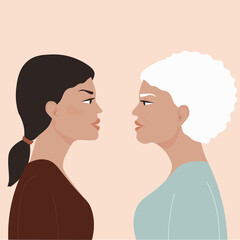 Two women in profile facing each other look into each other's eyes. Young and old female, mother and daughter. The concept of generational communication. Vector graphics.