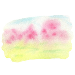 Abstract Watercolor Spring sakura tries, green grass and blue sky landscape, Pink flower sour cherry tree hand drawing illustration isolated on white background.