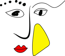 Simple art design concept. Abstract line art portrait, red lips, and bright yellow spot. Minimalistic elegant style in black and white. Vector illustration