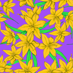 Fototapeta premium Seamless vector pattern with yellow flowers on purple violet background. Good print for wallpaper, textile, wrapping paper, ceramic tiles