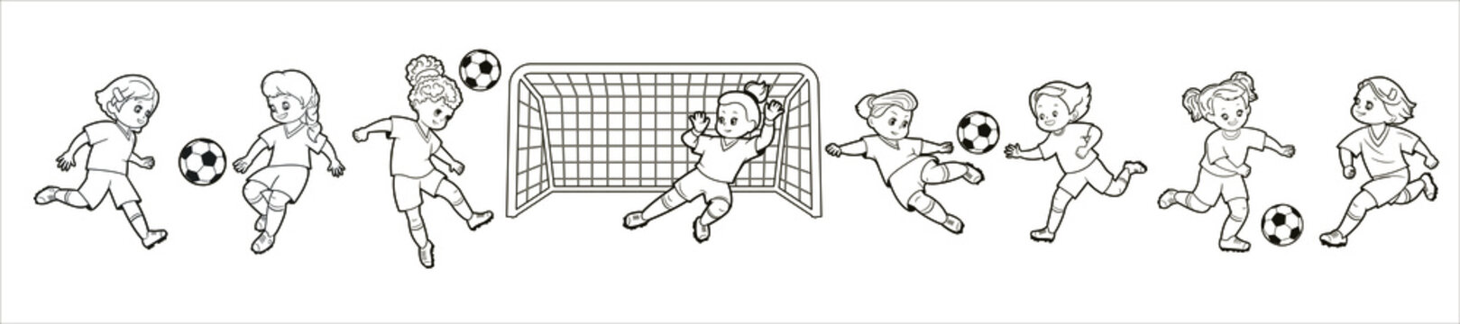 Coloring book; set of isolated images of girls soccer players in different poses playing soccer ball. Vector illustration in cartoon style, black and white line art