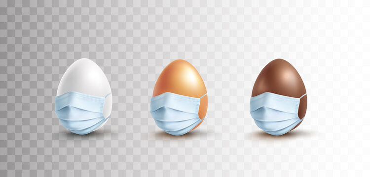 Eggs with masks set isolated on transparent background. Vector medical safety breathing elements and food. 3d virus face mask protection Easter icons