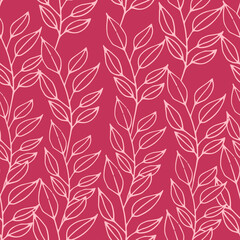 Fototapeta na wymiar White outline drawing of leaves on pink background. Seamless pattern. Vector botanical illustration. Good print for wrapping paper, packaging design, wallpaper, ceramic tiles, and textile