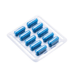blue pill pack isolated on white background. drug blister cut out