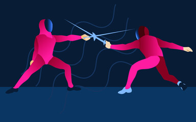 Vector illustration with two fencers fighting,  preparing, or training for a championship or some competition. Flat style icon 