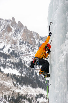 A man climbing Ames Ice Hose, Uncompahgre National Forest, Ames, Colorado.