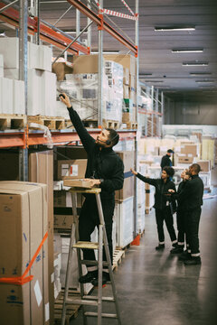 Male manual worker scanning with bar code reader at warehouse