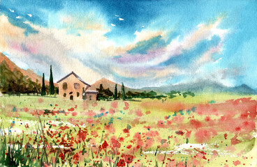 Watercolor Toscana poppy field with trees and a little house in a bight cloudy day