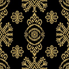 Seamless gold glitter on black tribal ethnic rug motif pattern. High quality illustration. Boho nomad textile print. Abstract gypsy design. Seamless repeat raster jpg pattern swatch.