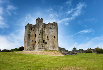 Fototapeta na wymiar Ancient mediaeval castle in Ireland surrounded by grassy fields