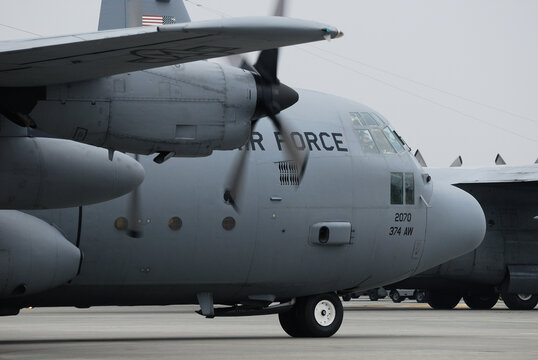 Tokyo, Japan - August 22, 2009:United States Air Force Lockheed Martin C-130H Hercules transport aircraft.