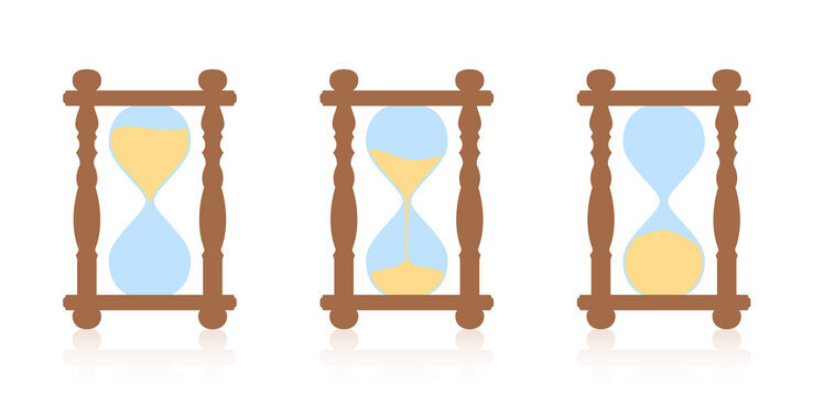 Hourglass - start, halftime and finish sequence. Three sand timer in timing action, measuring as time goes by, before, during, after. Isolated vector illustration on white background.
