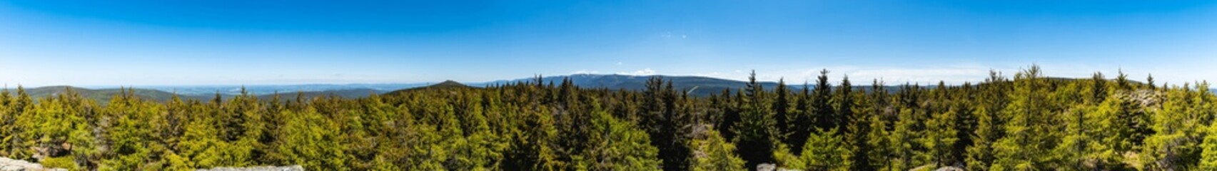 Fototapeta na wymiar 360 panorama over high trees and hills of Jizera Mountains