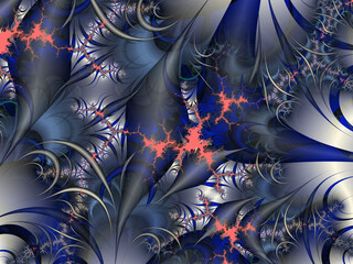Blue pink thorns fractal, abstract background with leaves