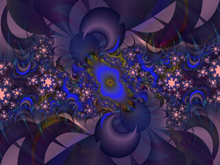 Blue violet purple fractal background with flowers