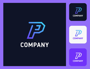 Simple and minimalist bright gradient and colorful outline letter P monogram initial logo in dark background with three icons