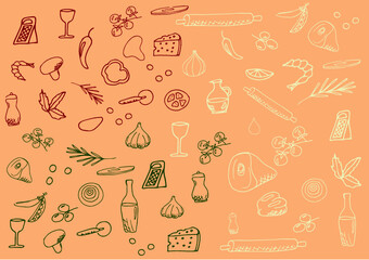  Ingredients for pizza. Hand drew delicious food background