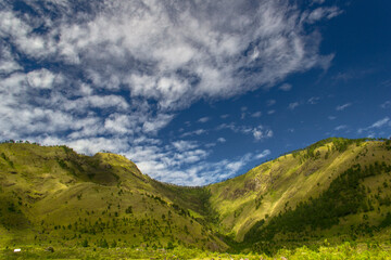 Panorama of beautiful countryside of North Sumatera, Indonesia. Wonderful springtime landscape.