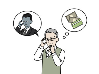 振り込め詐欺　オレオレ詐欺　電話　年配の男性　イラスト素材