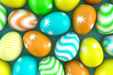 3d rendering of Happy Easter concept. Green background covered with colorful eggs, Easter collection with different texture. Pretty easter eggs, pastel decoration and nice shape. 