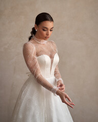 Elegant bride portrait. Pretty female model posing in white bridal dress. Young girl with wedding...