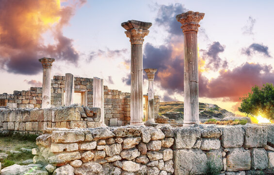 Fantastic sunset over ruins of the Basilica in ancient city Chersonese - national historical and archaeological reserve.