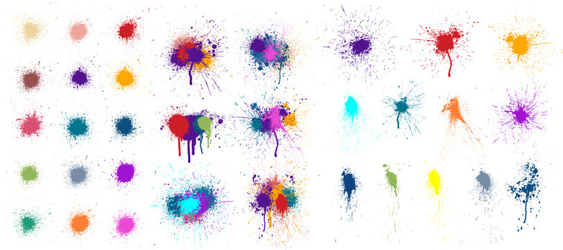 Colored blots, paint drops and splashes isolated on white background. Paint splatter, stains set, compositions of spots. Colorful splash and drip design. Watercolor spots. Vector set grunge design