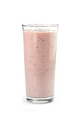 Glass of pink strawberry milkshake or cocktail isolated on white background. 