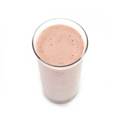 Glass of pink strawberry milkshake or cocktail isolated on white background. 
