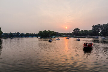 Fototapeta na wymiar Boats at Qianhai lake in Beijing, China