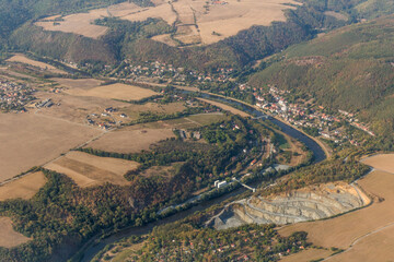 Obraz premium Aerial view of Berounka river and Zbecno village, Czechia