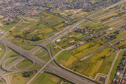 Aerial view of S2 and S8 motorways near Warsaw, Poland