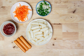 Top view raw ingredient for making Tteteokbokki (Spicy Rice Cakes), Korean street food.