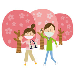 ポップな人物　歩きながら花見をする人たち