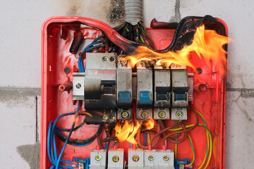 Burning switchboard from overload or short circuit on wall close-up. Circuit breakers on fire from overheating due to poor connection or poor quality wires. Faulty home wiring concept - obrazy, fototapety, plakaty