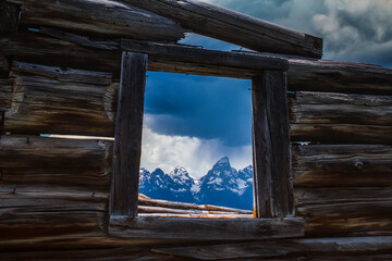 Tetons through window, Grand Teton National Park, Wyoming
