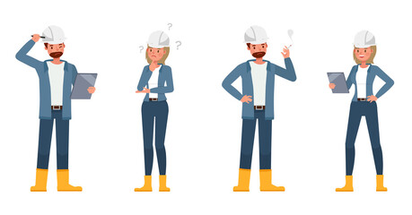 Engineer people wear blue jacket working character vector design. Presentation in various action with emotions.