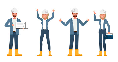 Engineer people wear blue jacket working character vector design. Presentation in various action with emotions.