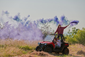  colorful torches while driving a off road buggy car