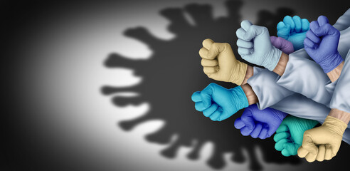 Doctor and nurse hero group to fight disease as Health Workers or Essential care medical staff and hospital medicine teamwork as a team of doctors and nurses joining together in shaped as a virus